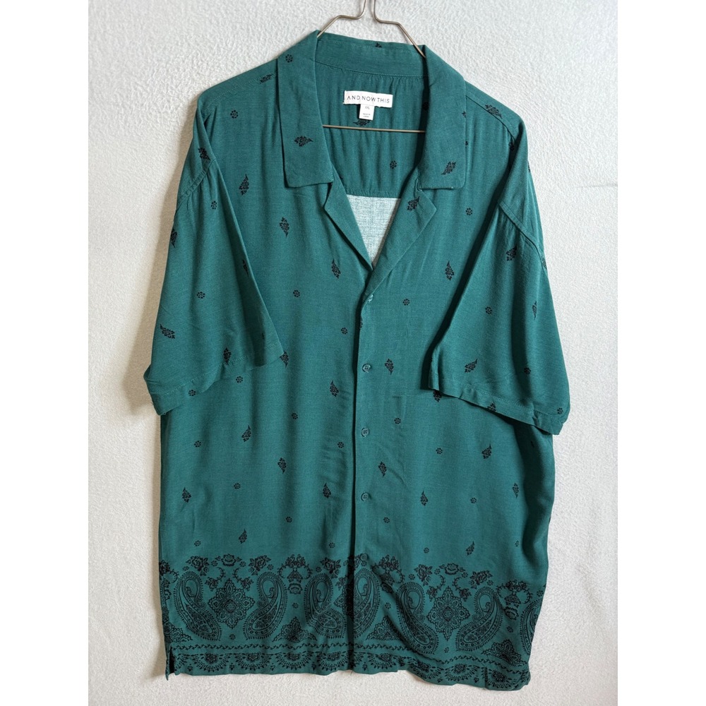 AND NOW THIS Button Up Men's XXL Teal Green‎ Paisley Print Camp Short Sleeve